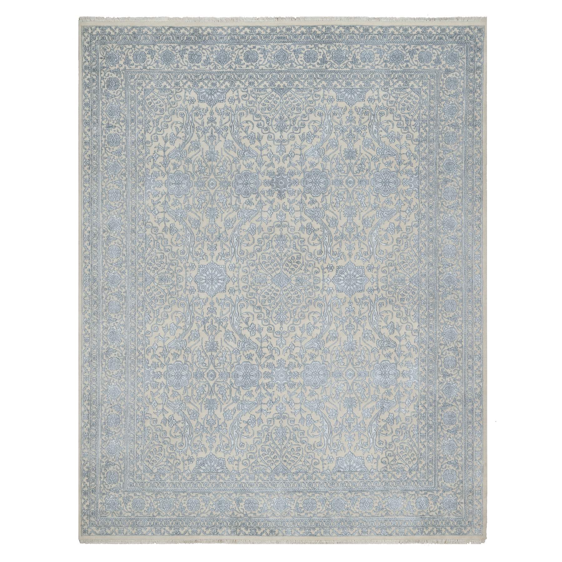 Linen White, Light Tone on Tone with Persian Design, Wool and Plant Based Silk, Thick and Plush, 200 KPSI, Hand Knotted, Oriental Rug